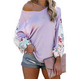 New Product Floral Printed Patchwork Raw Edge Reglan Long Lantern Sleeve Casual Women Sweater