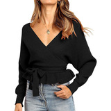 Amazon Hot Women Wrap V Neck Long Batwing Sleeve Pullover Top Belted Waist Ruffle Waist Ruffle Knitt