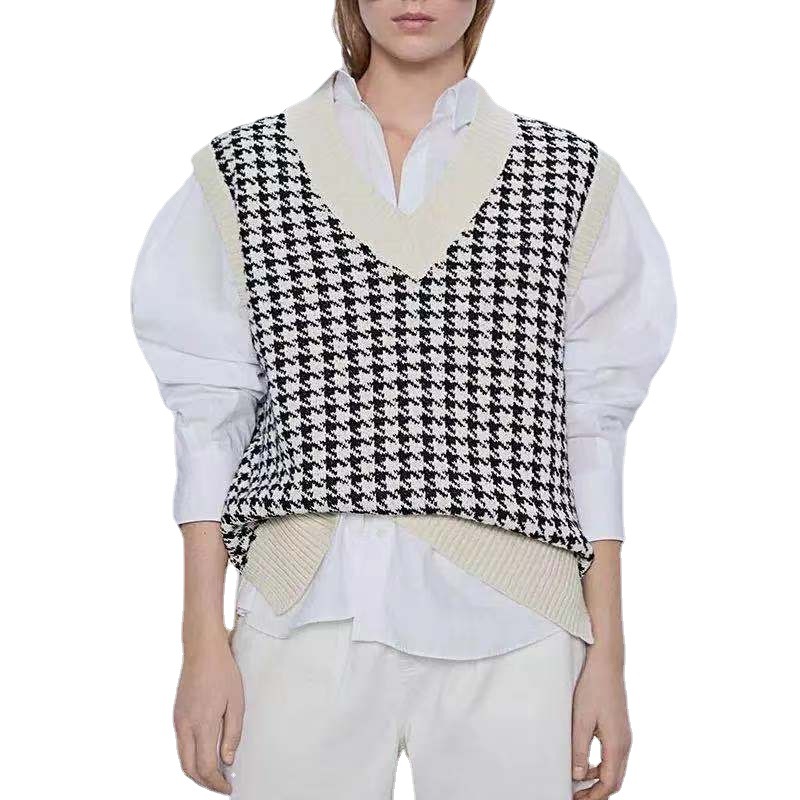 2021 Winter new fashion hot sale V neck sleeveless houndstooth print pullover knitted vest sweater f