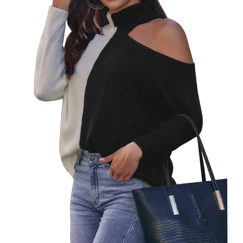 Autumn Casual Streetwear Black And White Patchwork Strapless Pullover Turtleneck Sweater Women