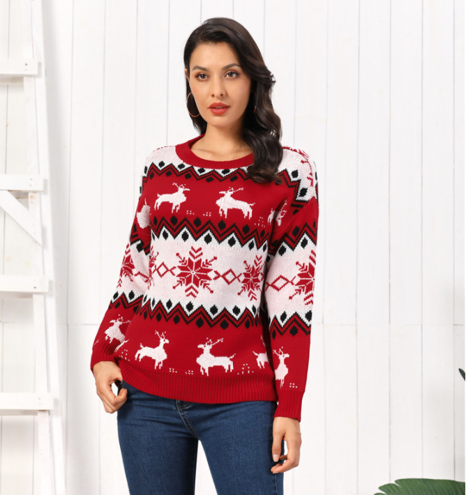 Winter Ugly Full Size Customizable Sweater Pullover Women Round Neck Long Sleeve Jacquard Knitted Ch